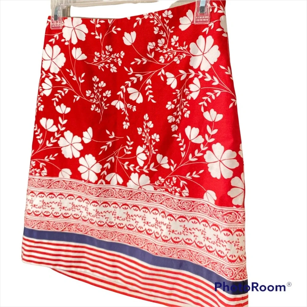 LOFT Ann Taylor Pencil Skirt Size 2 Red White Floral Stripe Nautical Preppy